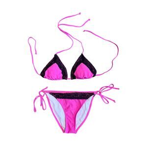 NWOT Vintage Y2K Spencer's Sexy Hot Pink and Black Lace triangle bikini set L